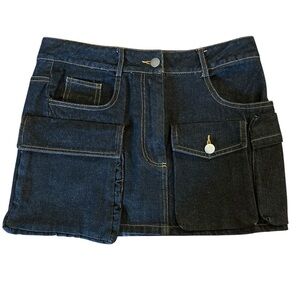 Mimosa Chic Dark Denim Cargo style pocketing Mini Skirt w/gold thread Size Small